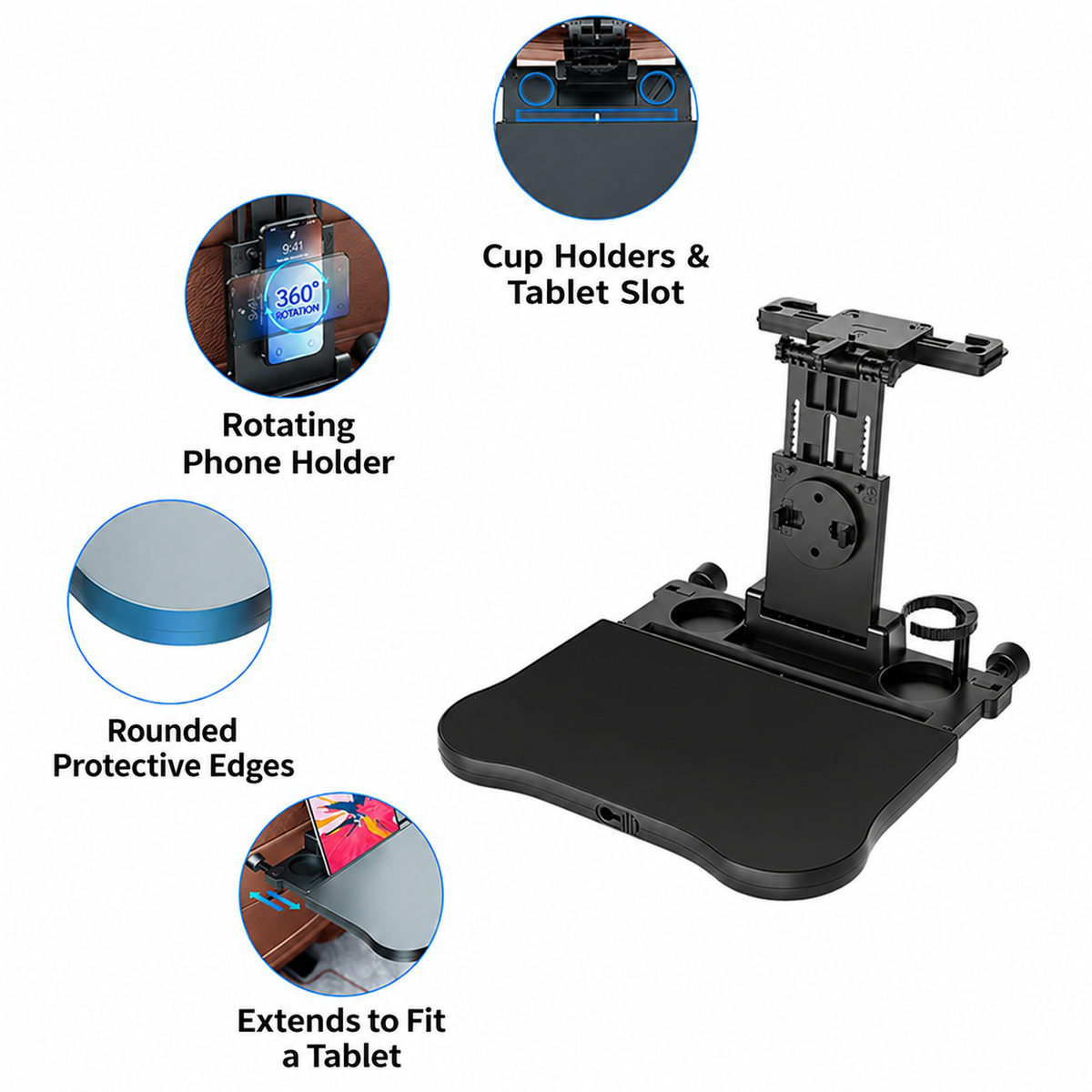 car travel table, multifunctional car seat back small table, adjustable for adults and kids, with cup and laptop holder