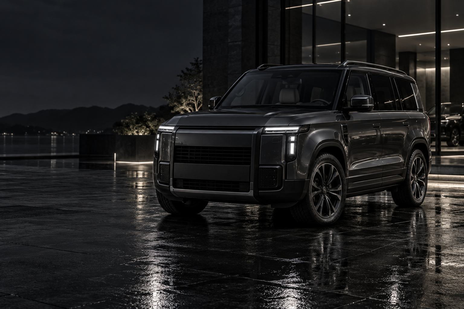 Dark luxury SUV outside a showroom